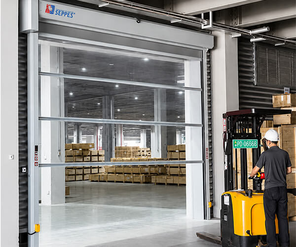 Transparent PVC rapid roll up door for personnel forklift and AGV access